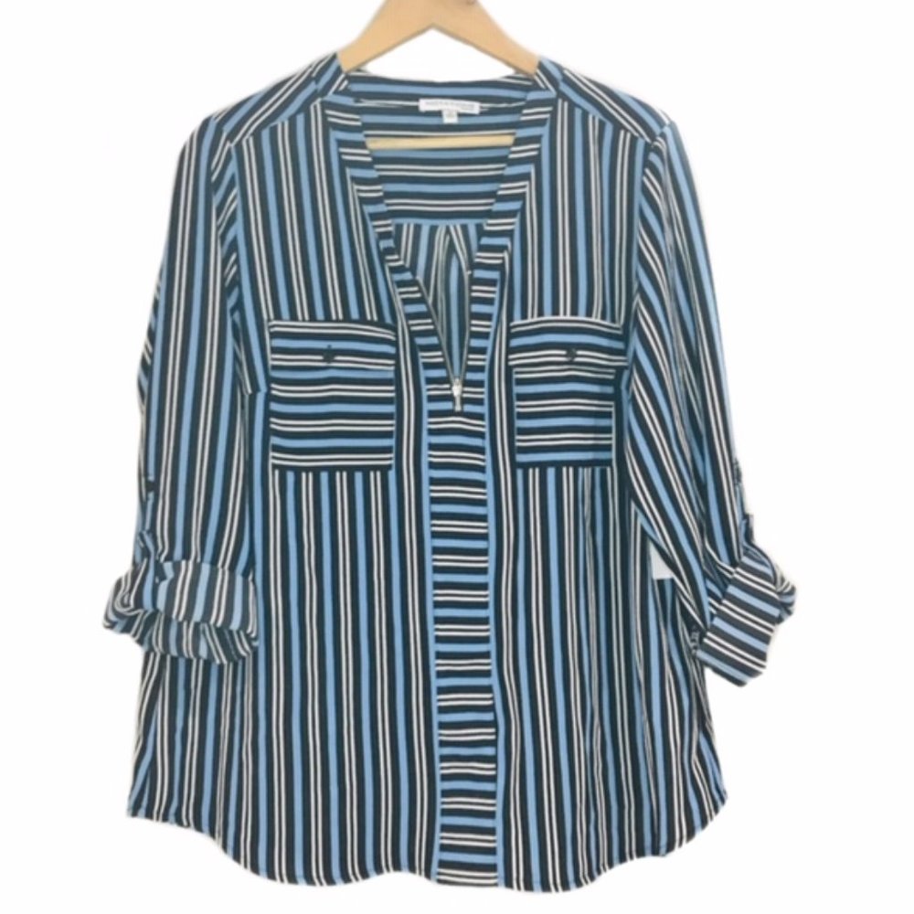 Notations Blue Black White Stripe Blouse size 1X NWT